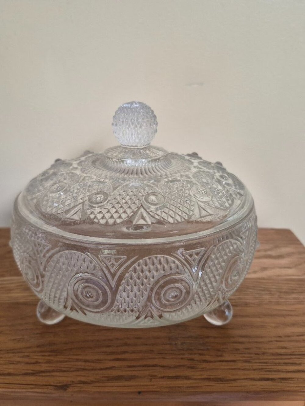 Vintage Avon Vanity Powder Box/Candy Clear Glass Footed Dish w/ Lid